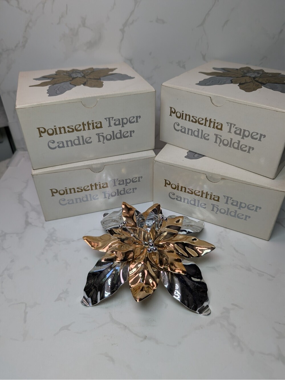 Dept 56 Poinsettia Taper Candle Holder Gold Silver Vintage Boxed